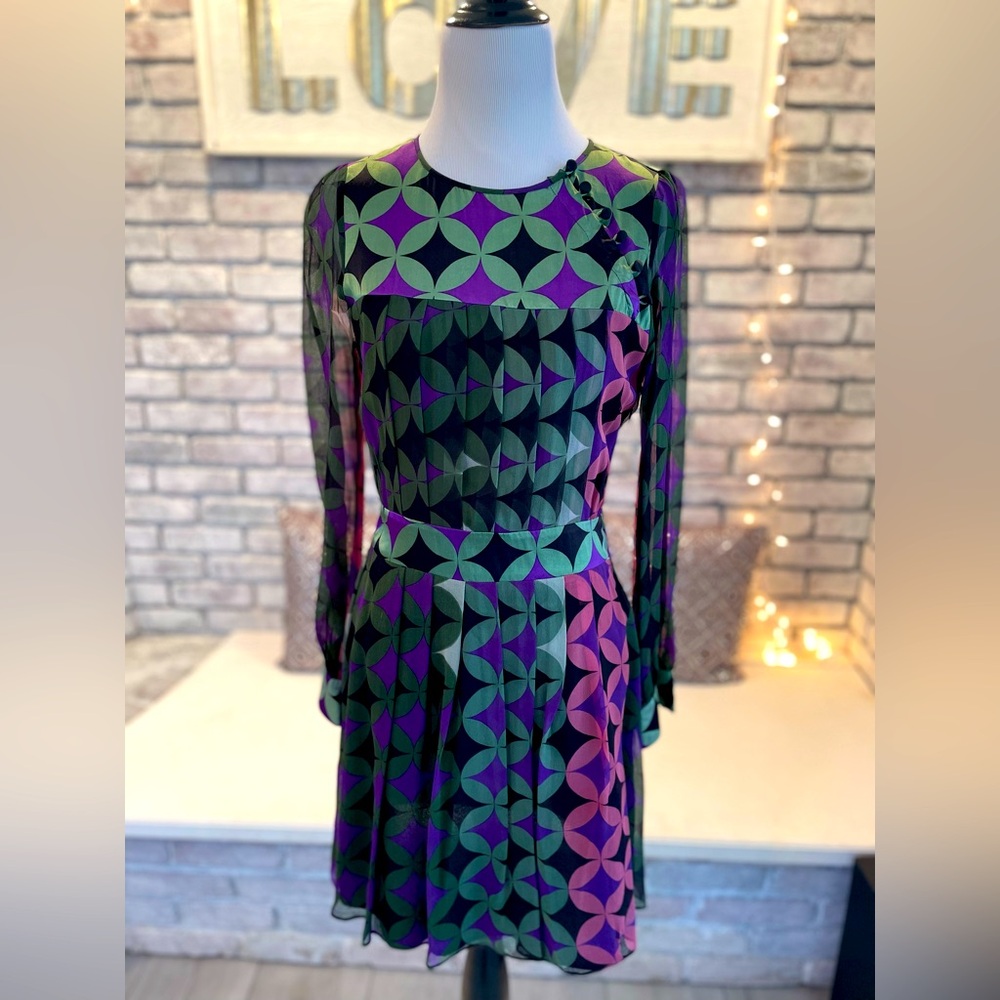 Stunning vintage Whistles dress with geometric designs in green, purple & pink.